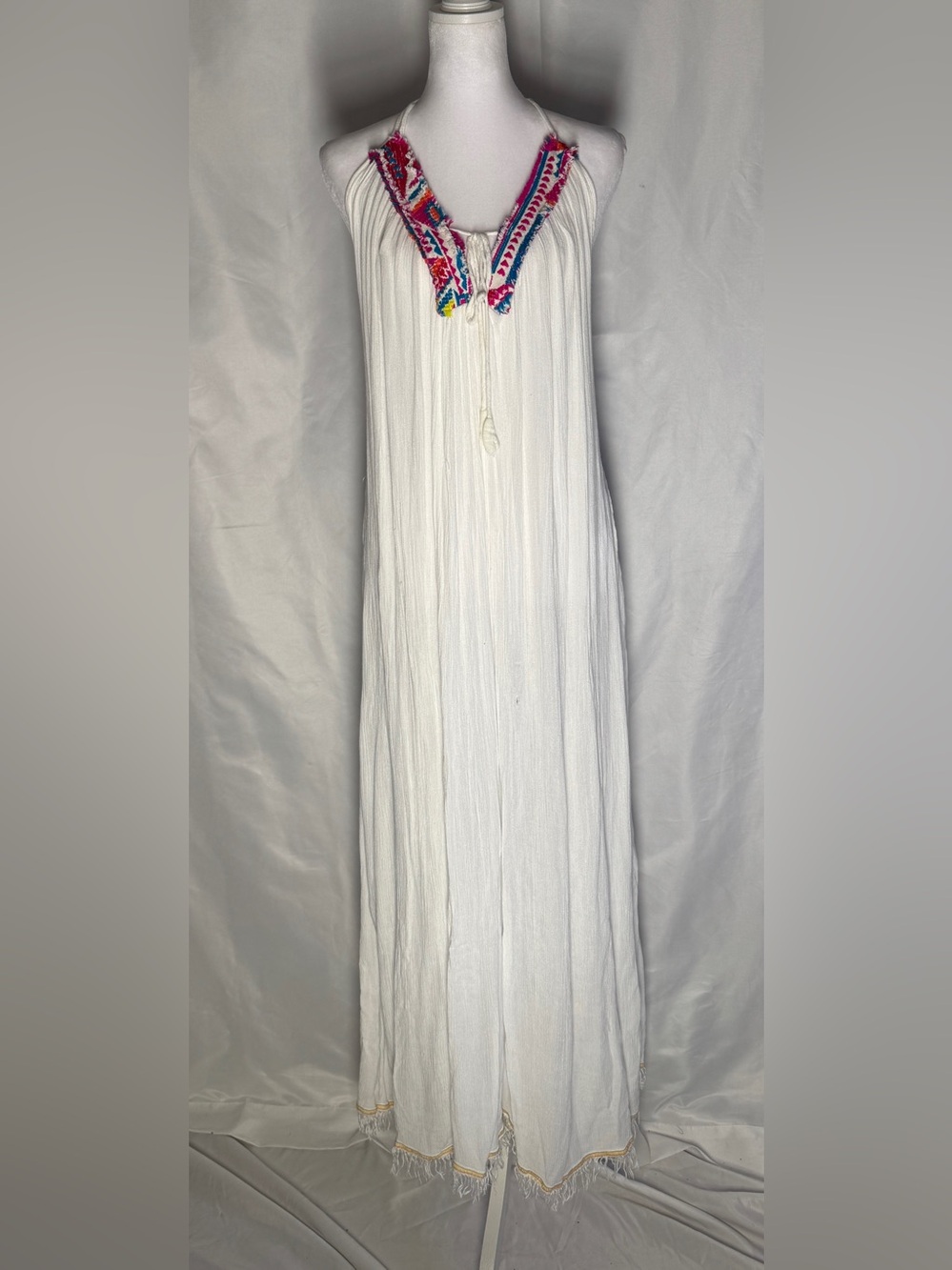 Boho White Open Back Maxi Dress with Colorful Embroidered Neckline